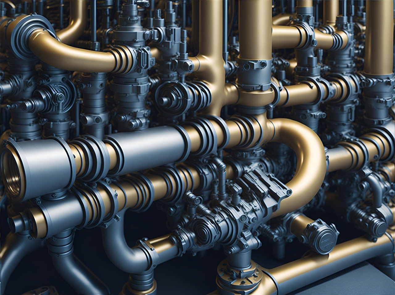 Detailed render of metal pipes, valves and cutoffs.